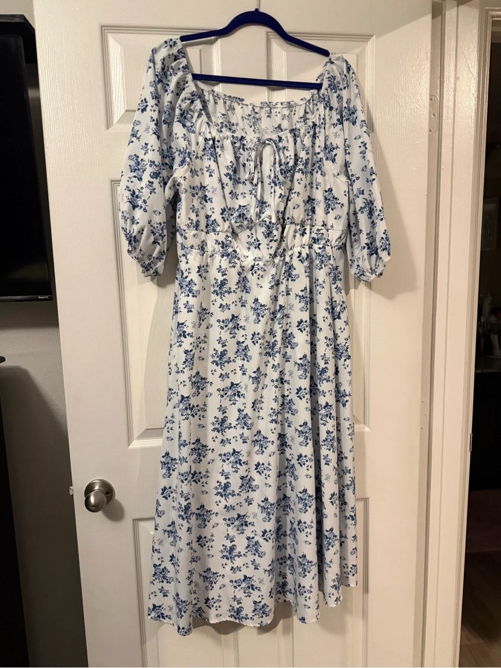 Blue Floral Square-Neck Midi Dress